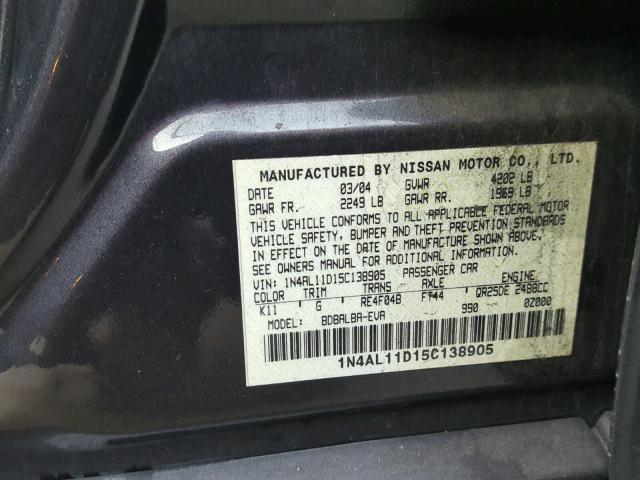 1N4AL11D15C138905 - 2005 NISSAN ALTIMA S GRAY photo 10