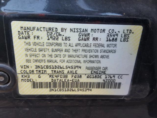 3N1CB51D26L545394 - 2006 NISSAN SENTRA 1.8 BLACK photo 10