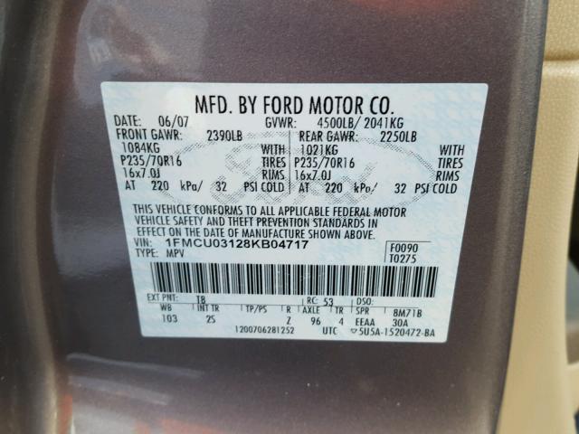 1FMCU03128KB04717 - 2008 FORD ESCAPE XLT SILVER photo 10