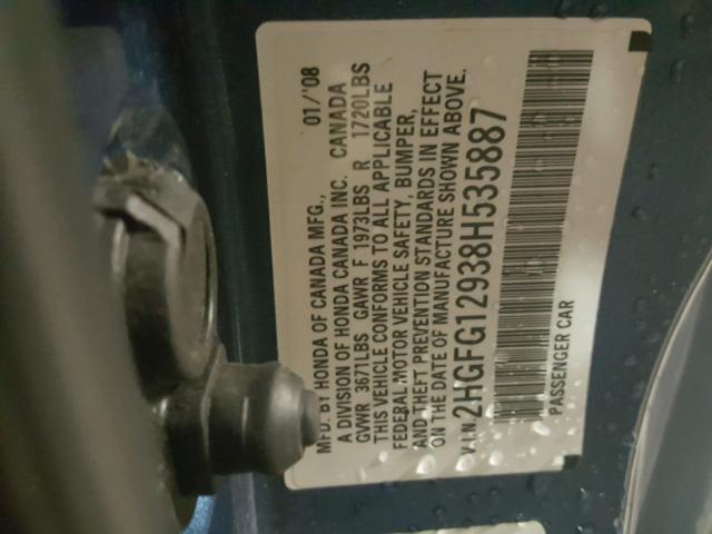 2HGFG12938H535887 - 2008 HONDA CIVIC EXL BLUE photo 10