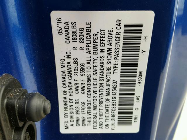 2HGFC3B31GH354207 - 2016 HONDA CIVIC EX ლურჯი ფოტო 10