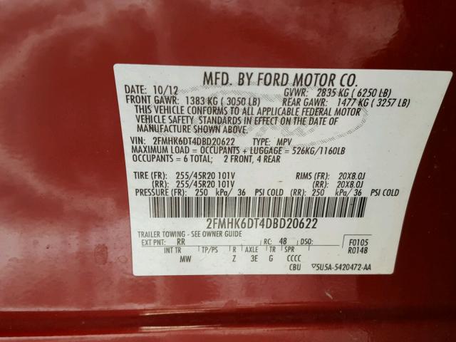 2FMHK6DT4DBD20622 - 2013 FORD FLEX LIMIT RED photo 10