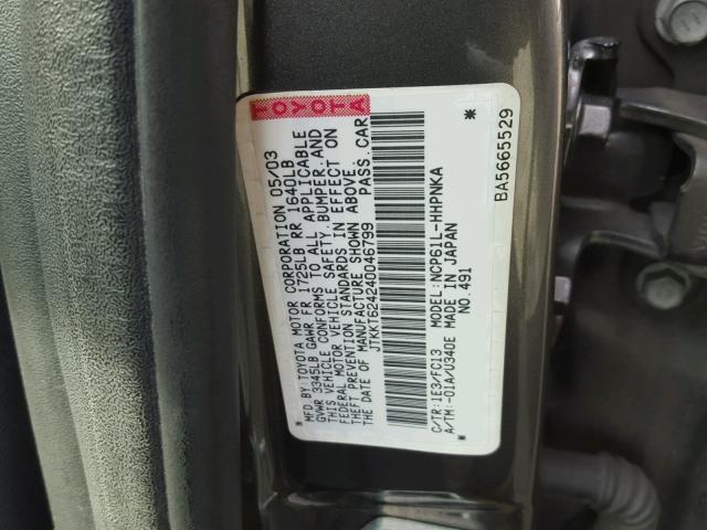 JTKKT624240046799 - 2004 TOYOTA SCION XA GRAY photo 10