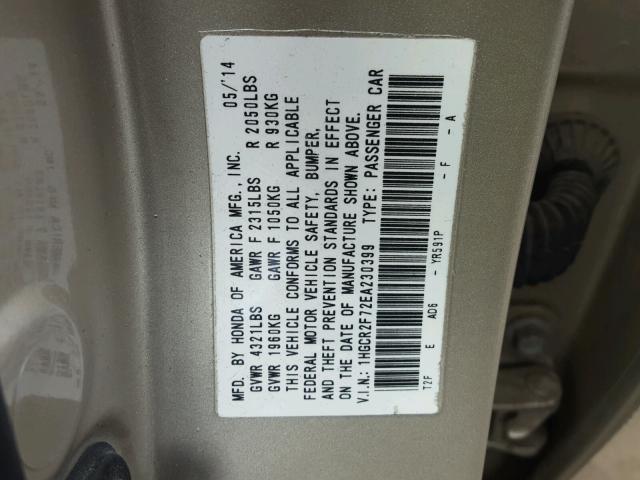 1HGCR2F72EA230399 - 2014 HONDA ACCORD EX TAN photo 10