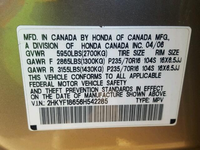 2HKYF18656H542285 - 2006 HONDA PILOT EX GOLD photo 10