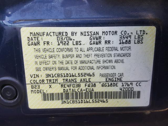 3N1CB51D16L552465 - 2006 NISSAN SENTRA 1.8 BLUE photo 10