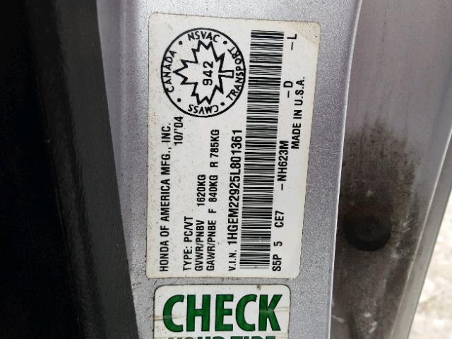 1HGEM22925L801361 - 2005 HONDA CIVIC EX ვერცხლისფერი ფოტო 10