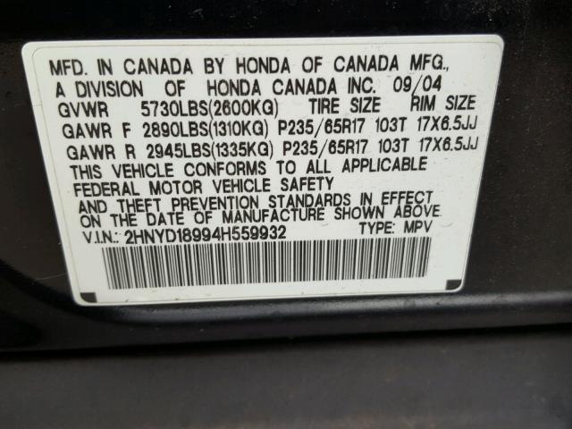 2HNYD18994H559932 - 2004 ACURA MDX TOURIN BLACK photo 10