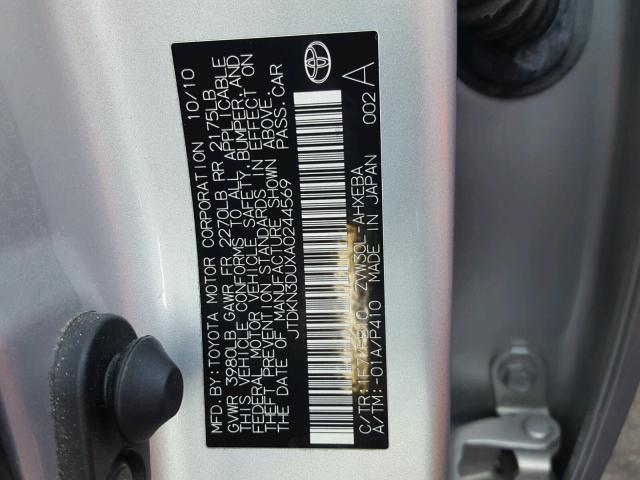 JTDKN3DUXA0244569 - 2010 TOYOTA PRIUS SILVER photo 10