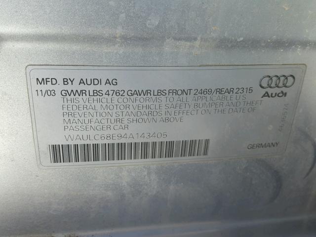 WAULC68E94A143405 - 2004 AUDI A4 1.8T QU SILVER photo 10