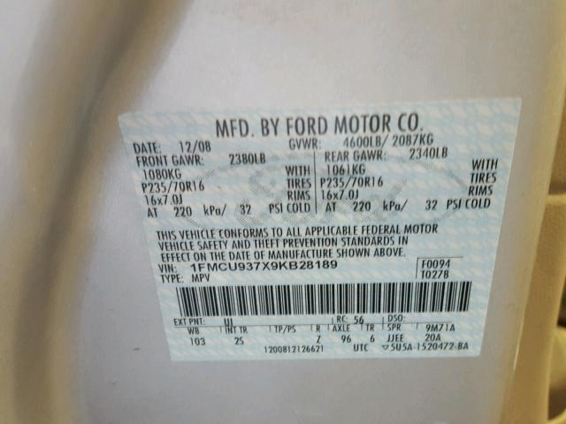 1FMCU937X9KB28189 - 2009 FORD ESCAPE XLT SILVER photo 10