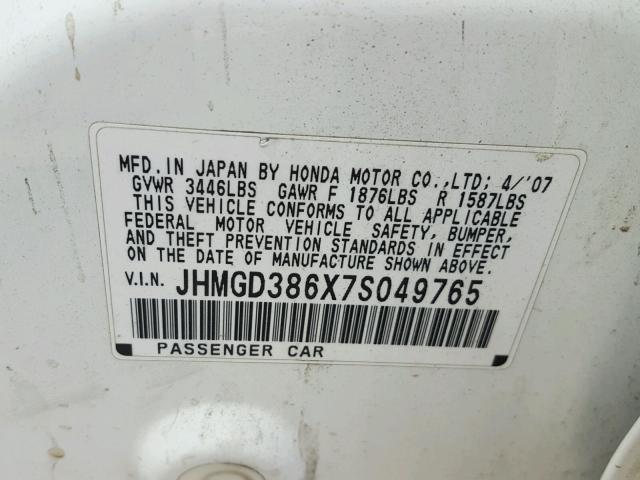 JHMGD386X7S049765 - 2007 HONDA FIT S WHITE photo 10