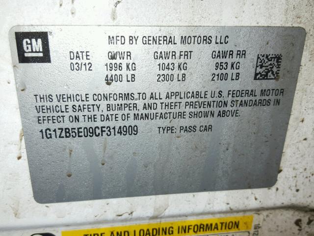 1G1ZB5E09CF314909 - 2012 CHEVROLET MALIBU LS WHITE photo 10