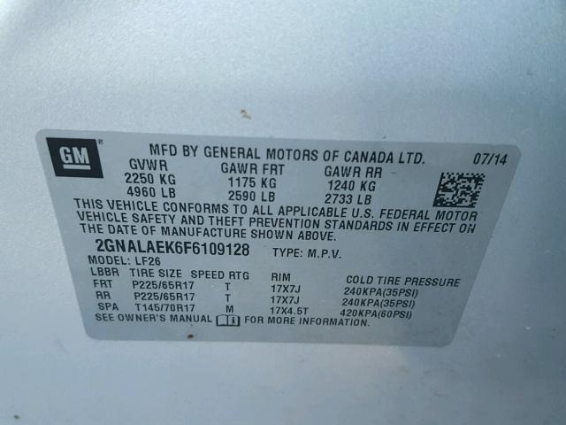 2GNALAEK6F6109128 - 2015 CHEVROLET EQUINOX LS SILVER photo 10