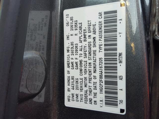 1HGCP2F88AA167205 - 2010 HONDA ACCORD EXL CHARCOAL photo 10