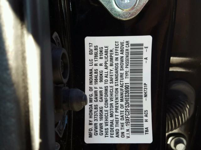 19XFC2F53HE036901 - 2017 HONDA CIVIC LX BLACK photo 10