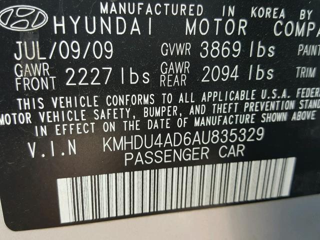 KMHDU4AD6AU835329 - 2010 HYUNDAI ELANTRA BL SILVER photo 10