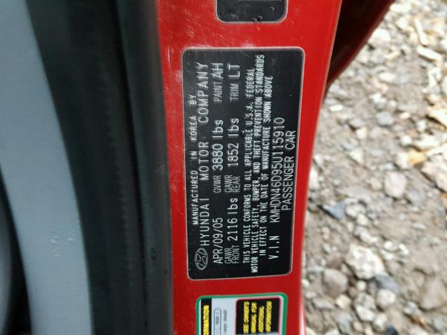 KMHDN46D95U115910 - 2005 HYUNDAI ELANTRA GL RED photo 10