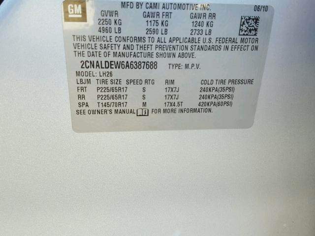 2CNALDEW6A6387688 - 2010 CHEVROLET EQUINOX LT SILVER photo 10