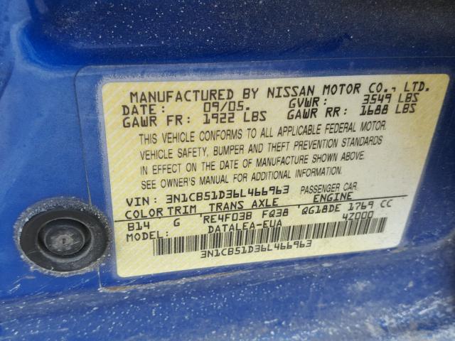 3N1CB51D36L466963 - 2006 NISSAN SENTRA 1.8 BLUE photo 10