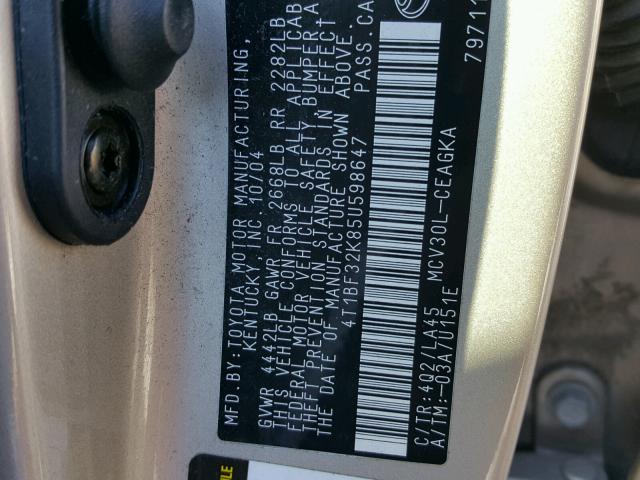 4T1BF32K85U598647 - 2005 TOYOTA CAMRY LE GOLD photo 10