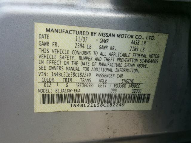 1N4BL21E58C182249 - 2008 NISSAN ALTIMA 3.5 SILVER photo 10