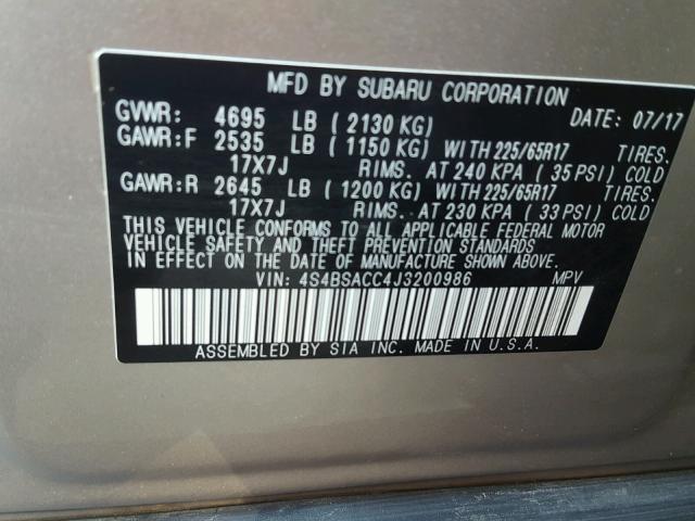 4S4BSACC4J3200986 - 2018 SUBARU OUTBACK 2. GRAY photo 10