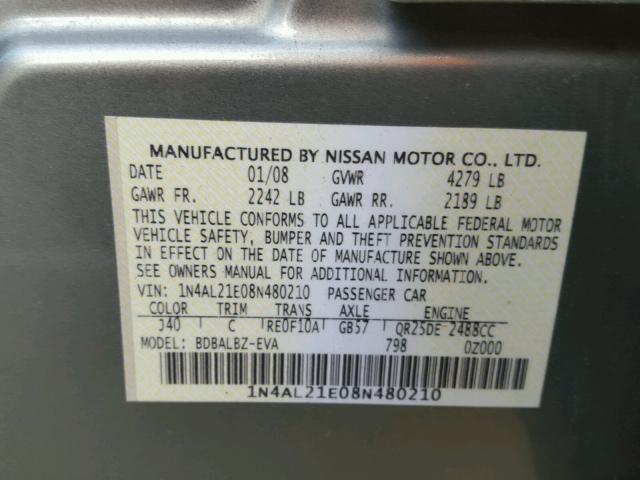 1N4AL21E08N480210 - 2008 NISSAN ALTIMA 2.5 GREEN photo 10