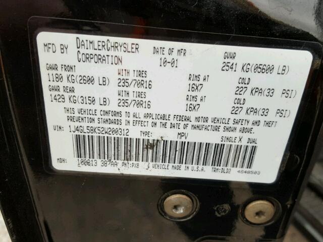 1J4GL58K52W200312 - 2002 JEEP LIBERTY LI BLACK photo 10