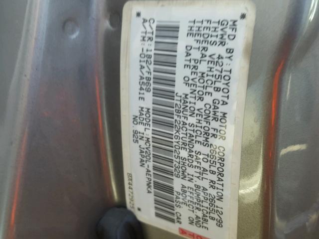 JT2BF22K6Y0257329 - 2000 TOYOTA CAMRY CE GRAY photo 10