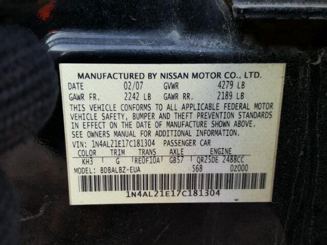 1N4AL21E17C181304 - 2007 NISSAN ALTIMA 2.5 BLACK photo 10