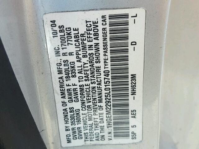 1HGEM22925L015740 - 2005 HONDA CIVIC EX SILVER photo 10