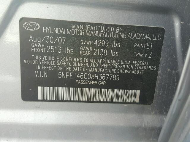 5NPET46C08H367789 - 2008 HYUNDAI SONATA GLS GRAY photo 10