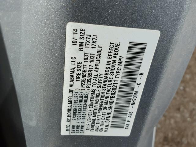 5FNRL5H40FB030211 - 2015 HONDA ODYSSEY EX SILVER photo 10