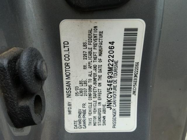 JNKCV54E93M222064 - 2003 INFINITI G35 GRAY photo 10