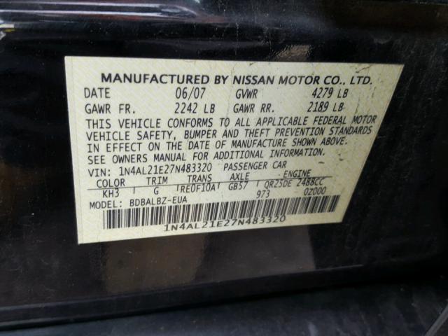 1N4AL21E27N483320 - 2007 NISSAN ALTIMA 2.5 BLACK photo 10