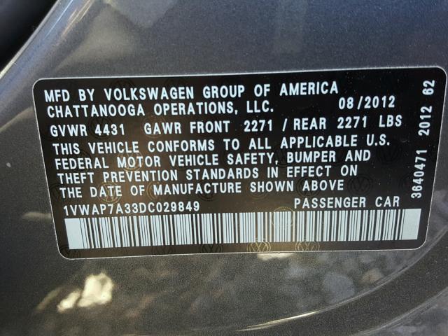 1VWAP7A33DC029849 - 2013 VOLKSWAGEN PASSAT S GRAY photo 10