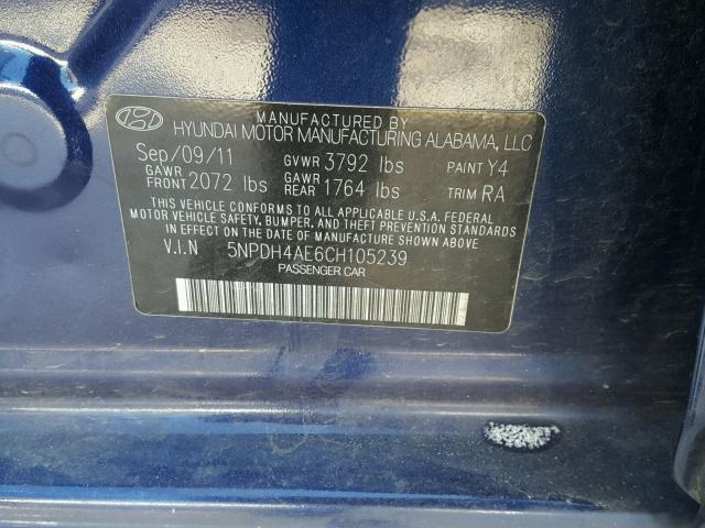 5NPDH4AE6CH105239 - 2012 HYUNDAI ELANTRA GL BLUE photo 10