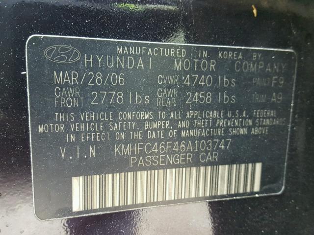 KMHFC46F46A103747 - 2006 HYUNDAI AZERA SE PURPLE photo 10