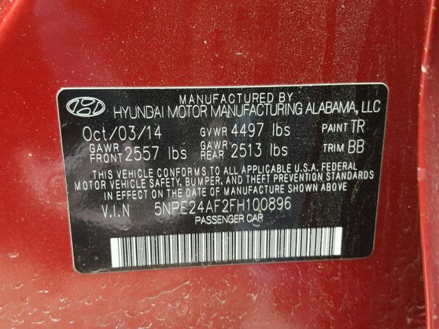 5NPE24AF2FH100896 - 2015 HYUNDAI SONATA SE RED photo 10