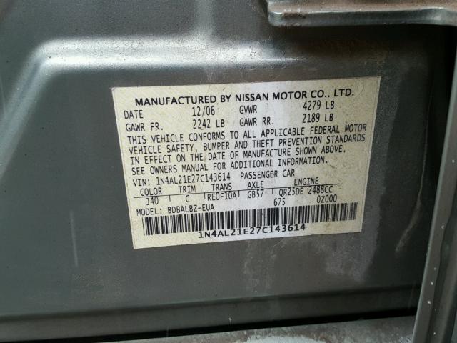 1N4AL21E27C143614 - 2007 NISSAN ALTIMA 2.5 GREEN photo 10