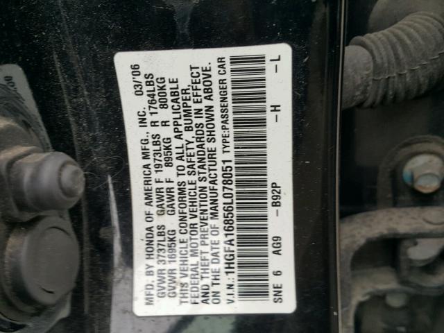 1HGFA16856L078051 - 2006 HONDA CIVIC EX 黑色 照片 10