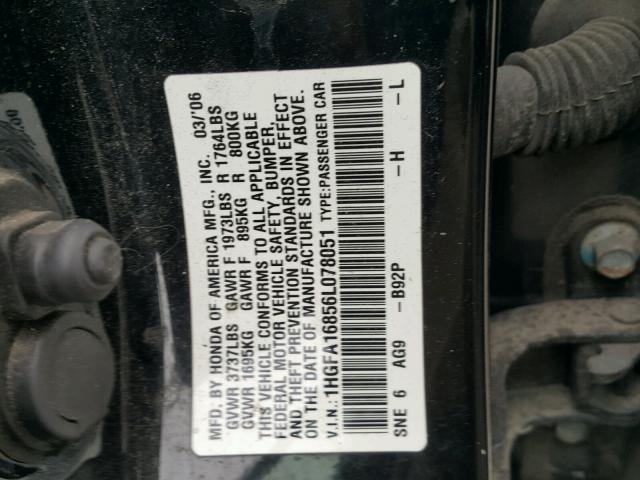 1HGFA16856L078051 - 2006 HONDA CIVIC EX BLACK photo 10