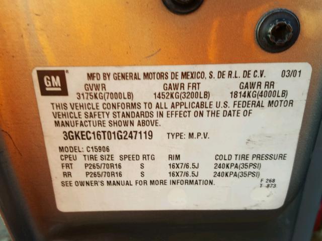 3GKEC16T01G247119 - 2001 GMC YUKON XL C GOLD photo 10