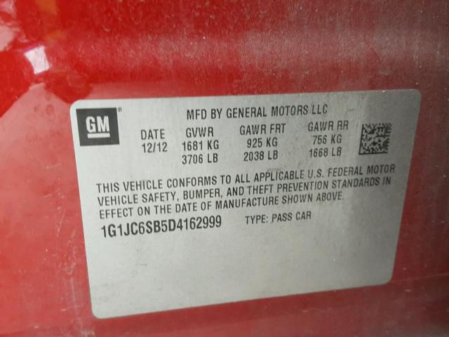 1G1JC6SB5D4162999 - 2013 CHEVROLET SONIC LT RED photo 10