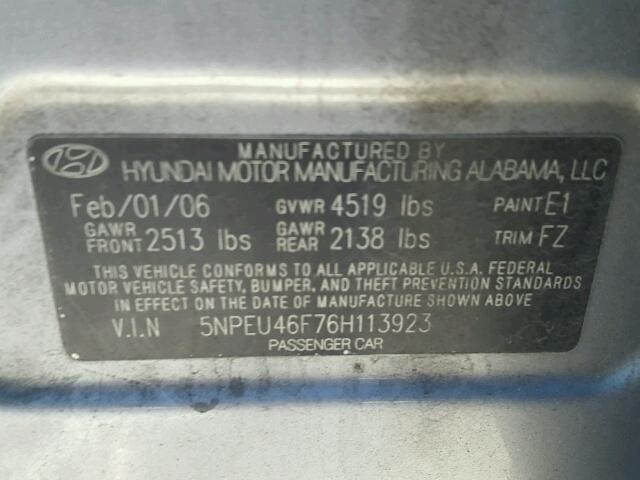 5NPEU46F76H113923 - 2006 HYUNDAI SONATA GLS SILVER photo 10