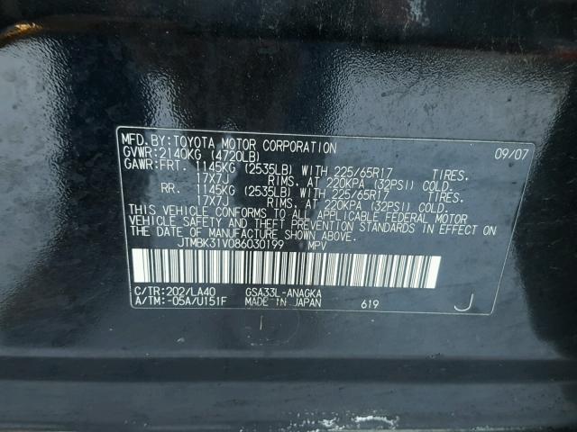 JTMBK31V086030199 - 2008 TOYOTA RAV4 LIMIT BLACK photo 10