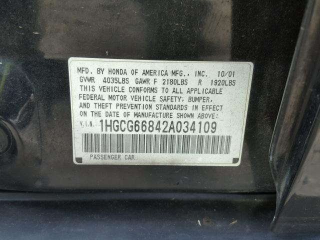 1HGCG66842A034109 - 2002 HONDA ACCORD EX BLACK photo 10