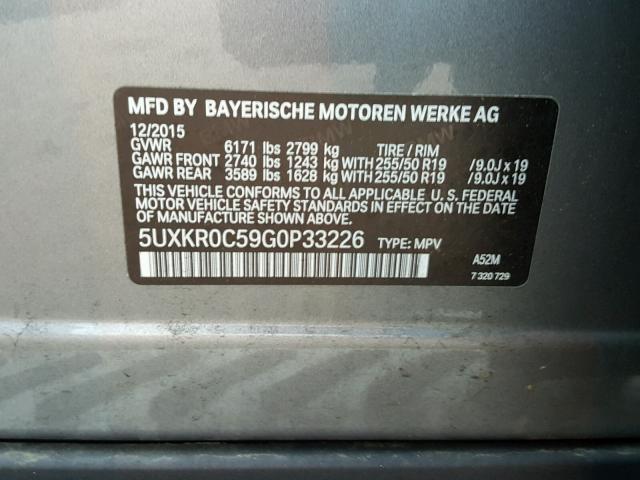 5UXKR0C59G0P33226 - 2016 BMW X5 XDRIVE3 GRAY photo 10