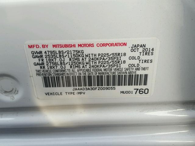 JA4AD3A30FZ009055 - 2015 MITSUBISHI OUTLANDER WHITE photo 10